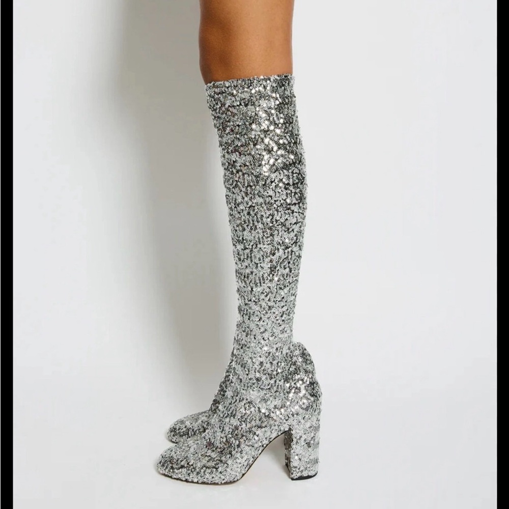 DOLCE AND GABBANA Silver Sequin Knee-High Boots - Picture 2 of 6